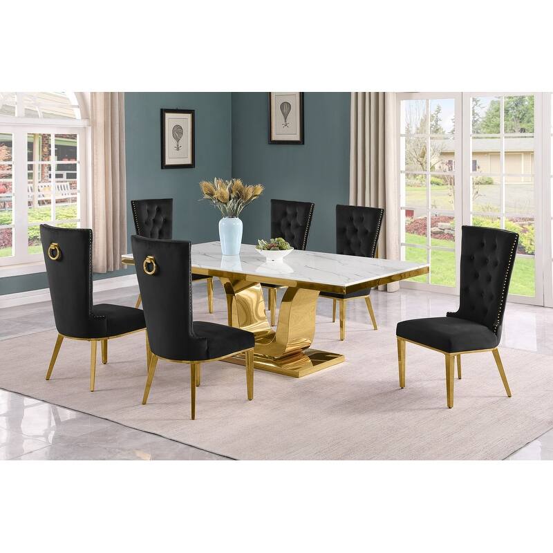 Best Quality Furniture D321-SC334-7 Dining Set with 78" White Marble Top - 7-Piece - Black / Gold