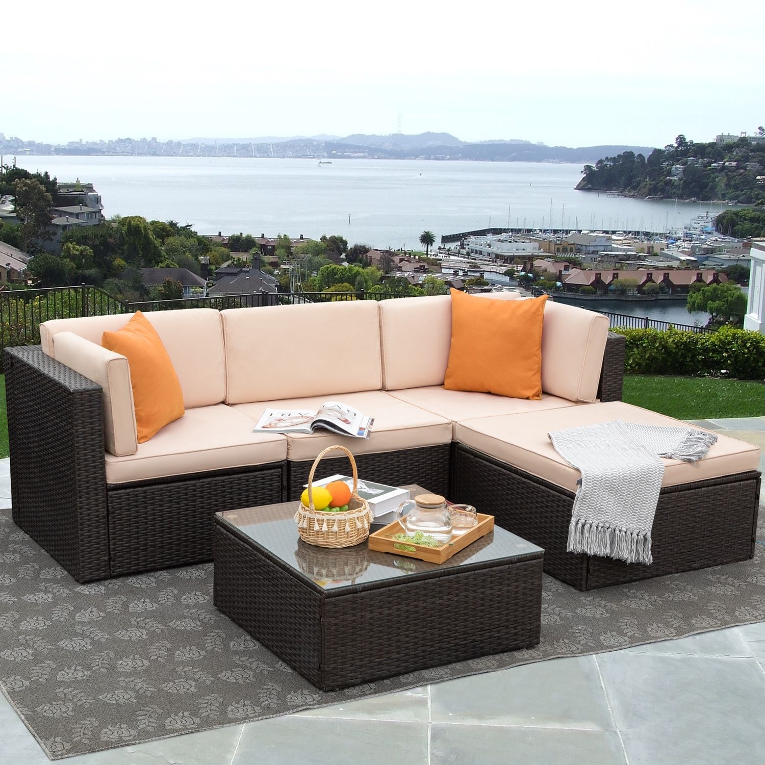 Patio PE Wicker Furniture Set 4 Pieces Outdoor Brown Rattan Sectional  Conversation Sofa Chair with Storage Box Table and Khaki Cushions
