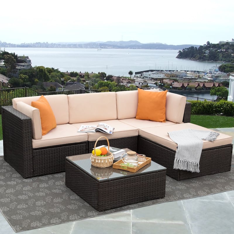 Homall 5 Pieces Patio Furniture Sets Outdoor Sectional Sofa Manual Weaving Rattan - Beige/Orange