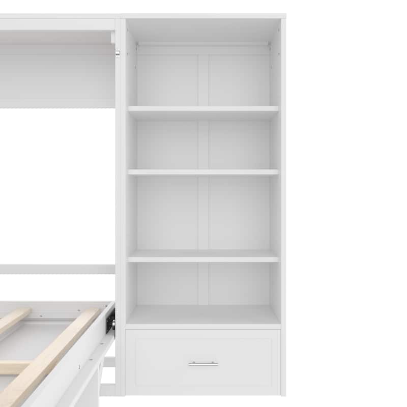 Queen Size Foldable Platform Bed With Height Adjustable Storage Compartments And Shelf,Wall Bed Frame With 1 Drawer