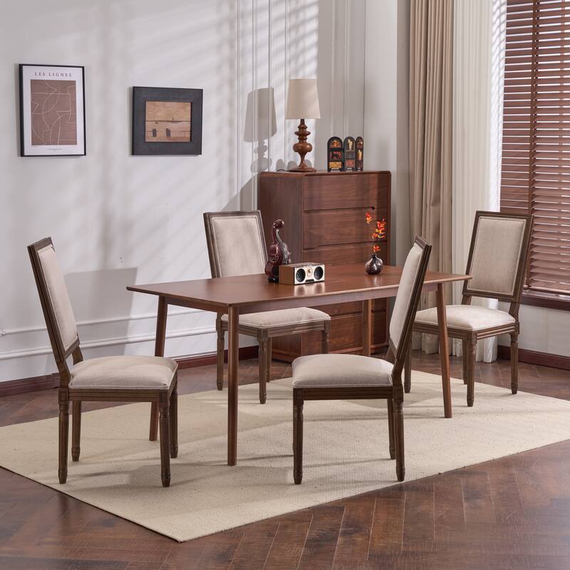 Christopher Knight Home - French Country Dining Chairs Set with Upholstered Backrest & Upholstered Seats with Fluted Legs - Set of 4 - Beige + Walnut