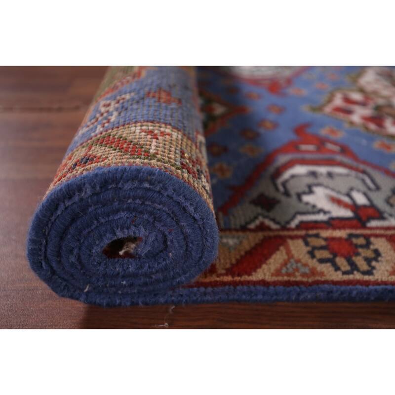 Geometric Blue Kazak Oriental Runner Rug Hand-Knotted Wool Carpet - 2'7"x 8'0"