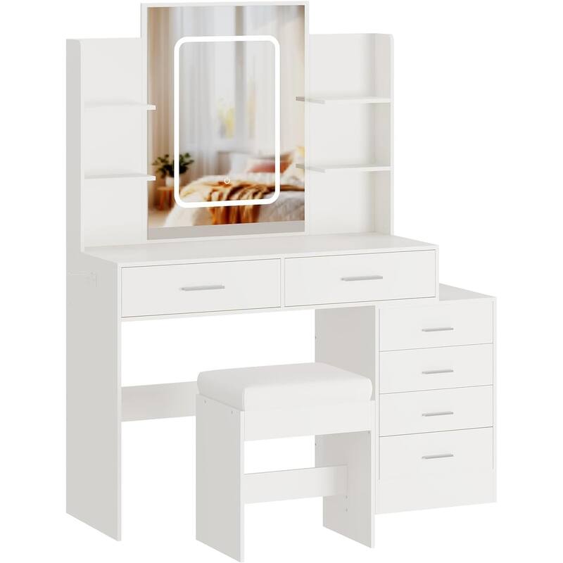 Vanity Desk with Mirror, LED Lights & Power Outlet, Makeup Table with 6 Drawers, 6 Shelves & Stool for Bedroom