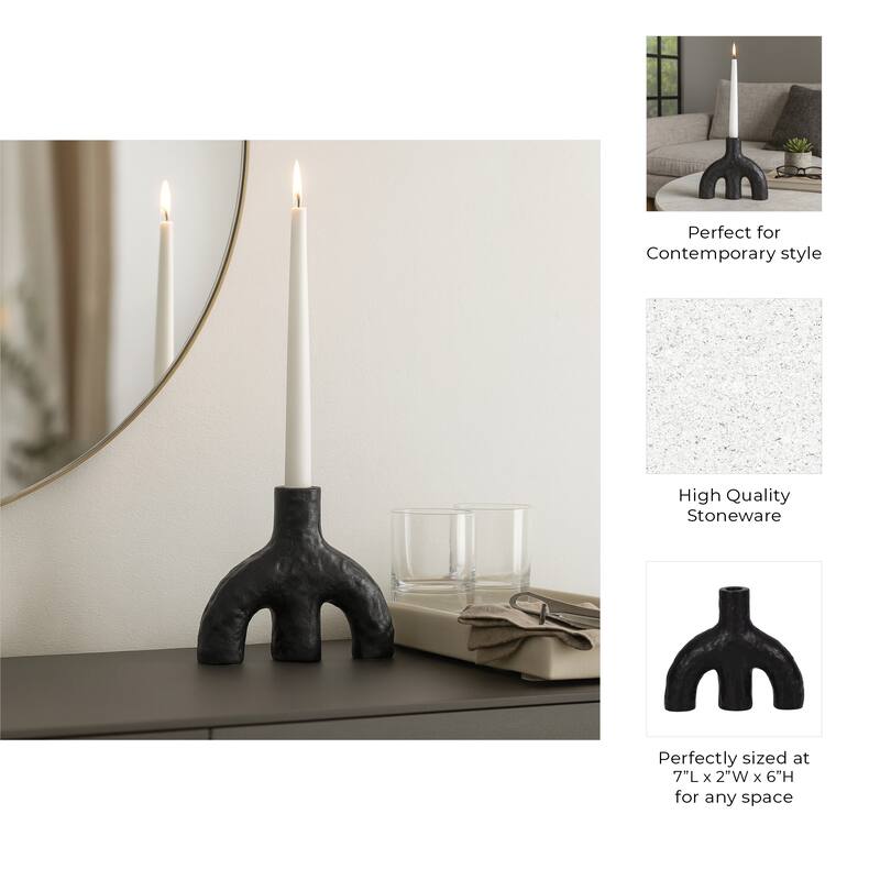 Textured Creamic Taper Candle Holder with Double Arched - Black