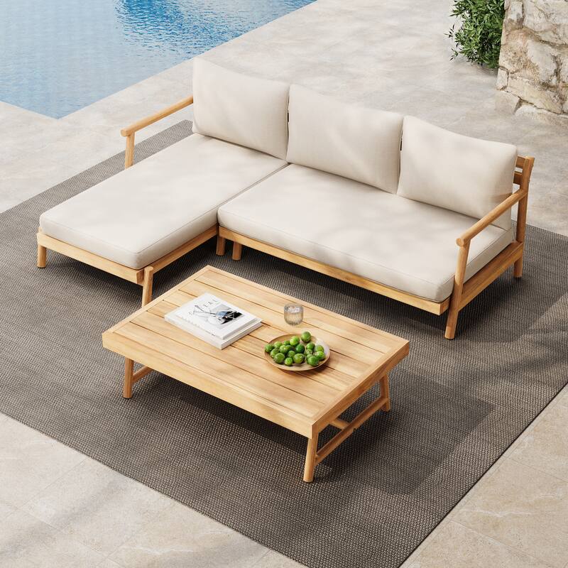 Christopher Knight Home - Delano Outdoor Acacia Wood L-Shaped Sectional Set - Loveseat+Lounge+Coffee Table - Teak+Beige