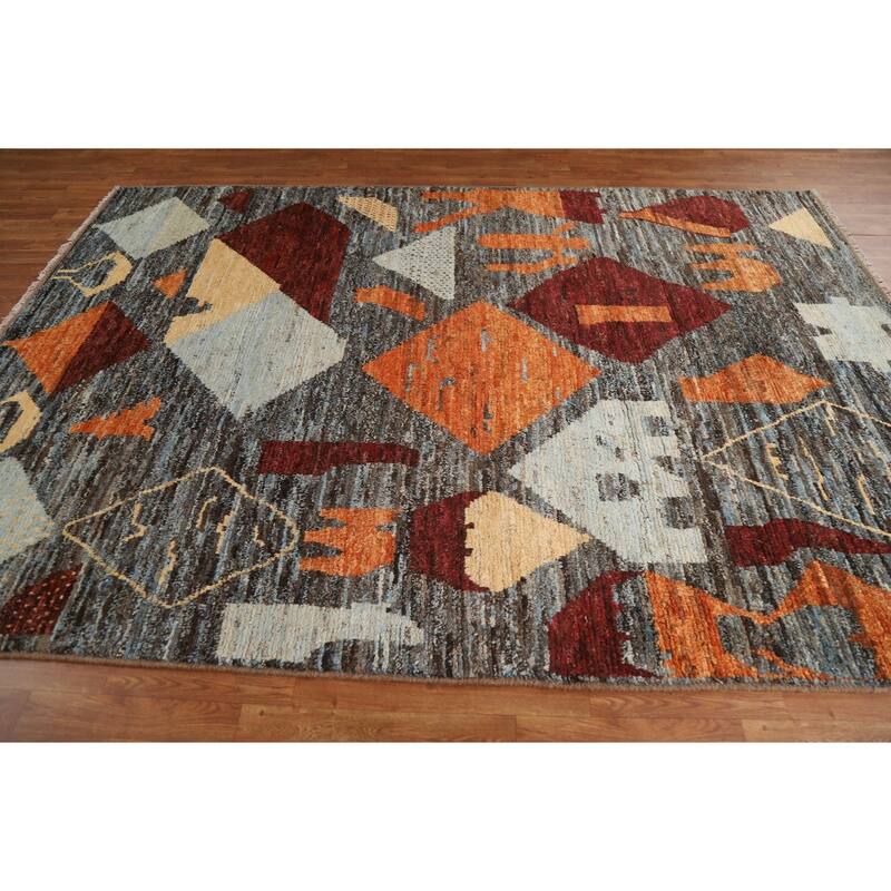Hand Knotted Oriental 100% Wool Carpet Modern Tribal Greys & Charcoal Moroccan Area Rug - 10' 0'' X 6' 11''