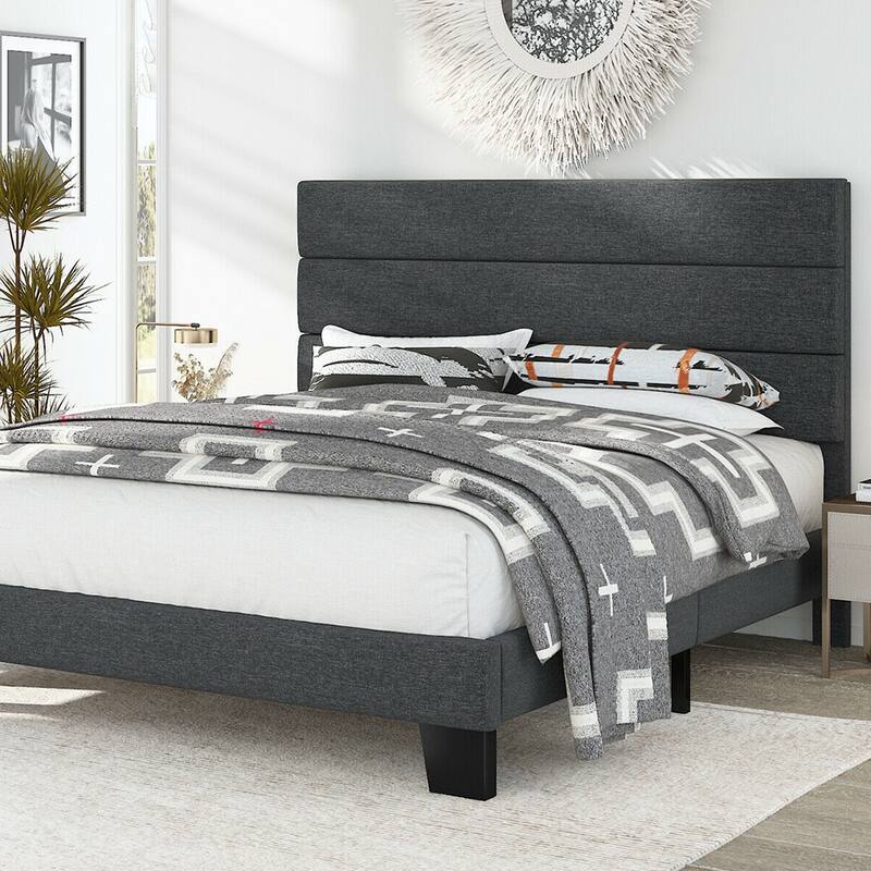 Queen Size Fabric Upholstered Platform Bed Frame, Dark Grey Bed Bath