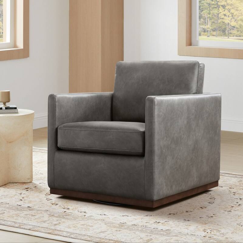 Spruce & Spring Modern Swivel Accent Chair with Wooden Base - Single - Dark Grey-Faux Leather