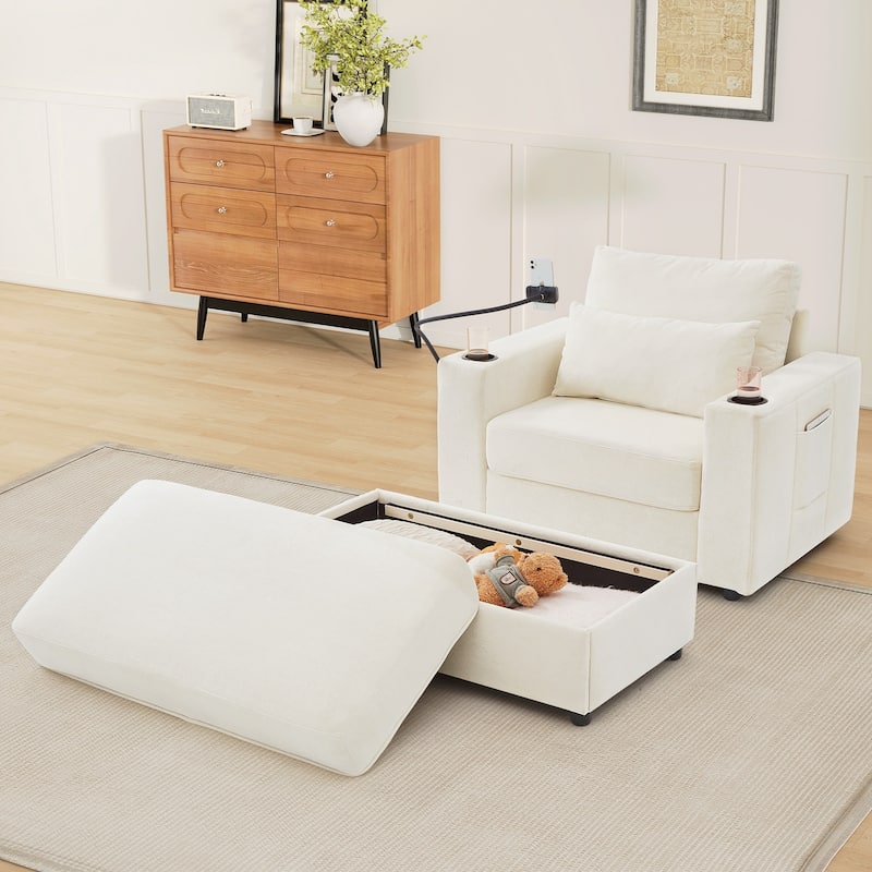 Modern Style Armchair 42.5" Chaise Lounge Sofa Couch with a Movable Storage Ottoman, Two USB Ports, Two Cup Holders