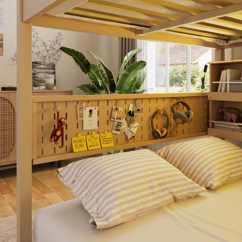 Full XL over Queen/Full over Full Bunk Bed with Integrated Shelving, Color-Changing Lights & Pegboard