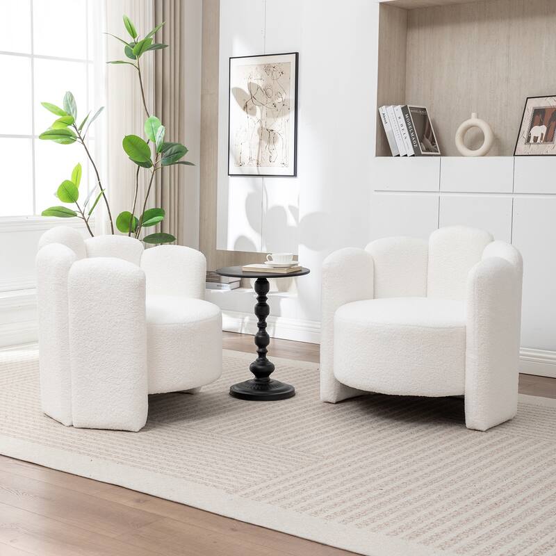 SEYNAR Modern Glam Teddy Fabric Upholstered Round Accent Chair with Flower Shaped Back Design Set of 2