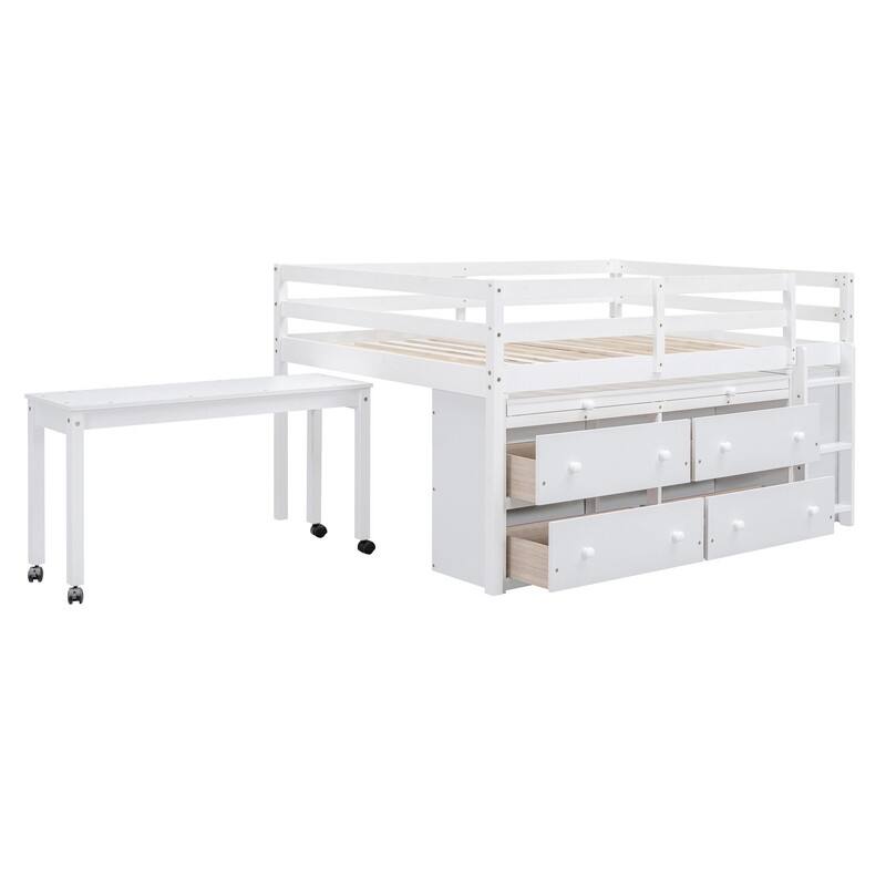 Twin/Full Size Low Loft Bed with Retractable Writing Desk and 4 Drawers, Wooden Loft Bedframe w/ Lateral Portable Desk & Shelves