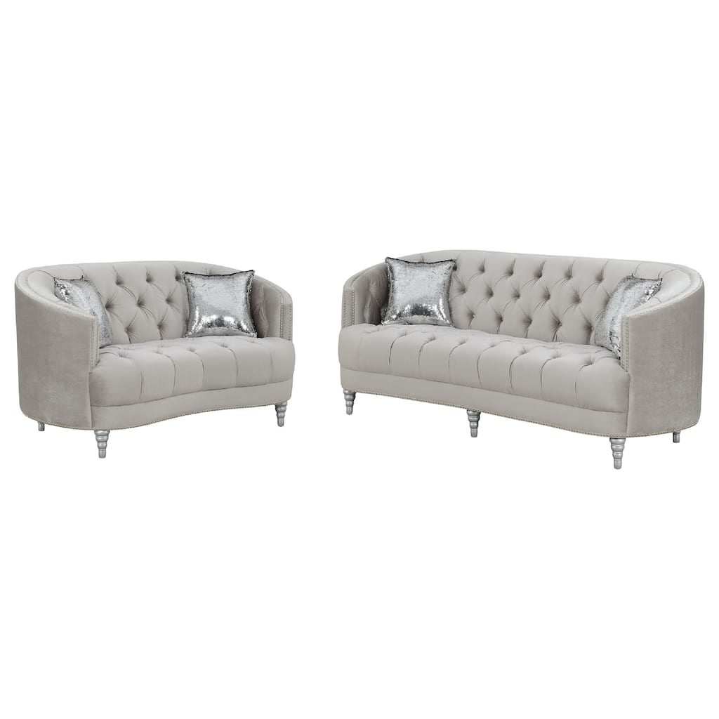 Tiffy 2pc Sofa Loveseat Set, C Shaped Gray Rhinestone Tufted Velvet