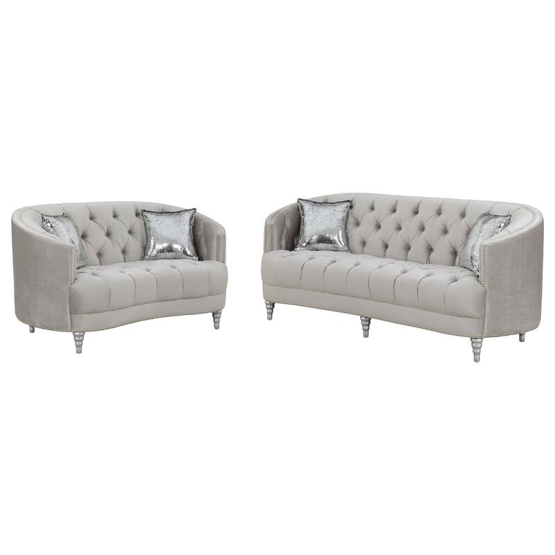 Tiffy 2pc Sofa Loveseat Set, C Shaped Gray Rhinestone Tufted Velvet