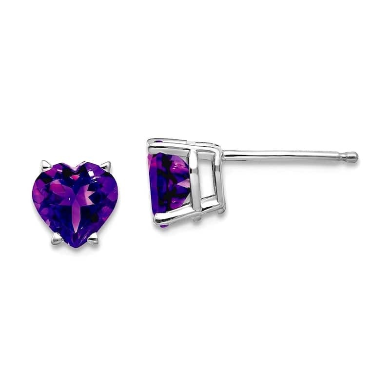 Curata 14k Yellow or White Gold 6mm Heart Precious Gemstone Stud Earrings - White - Amethyst