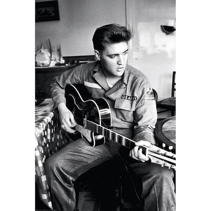 Elvis in Army with Guitar Black & White Art Poster - 24 x 36 Inch