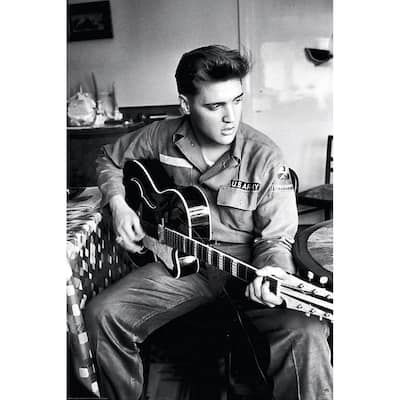 Elvis in Army with Guitar Black & White Art Poster - 24 x 36 Inch