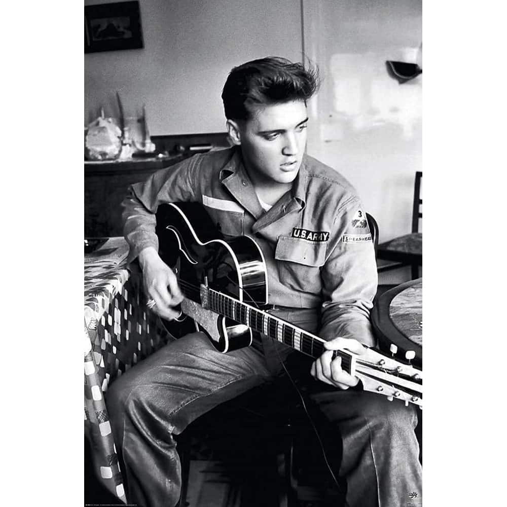 Elvis in Army with Guitar Black & White Art Poster - 24 x 36 Inch