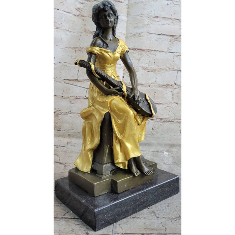 Vintage Banjo Playing Sitting Woman Sculpture Bronze Statue Figurine By Kossowski