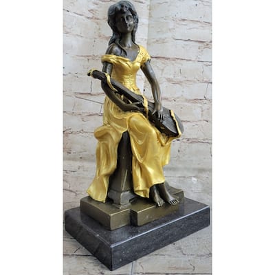Vintage Banjo Playing Sitting Woman Sculpture Bronze Statue Figurine By Kossowski