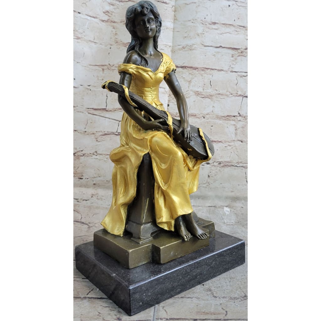 Vintage Banjo Playing Sitting Woman Sculpture Bronze Statue Figurine By Kossowski