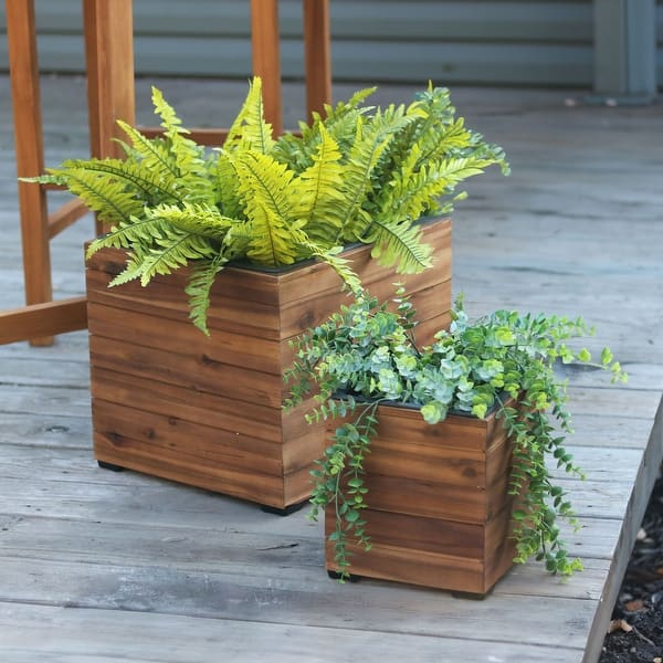 2Piece Large Acacia Wood Square Planter Boxes with Plastic Liners
