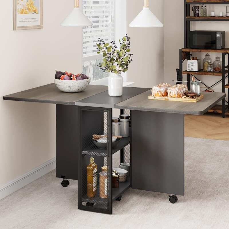 Space Saving Folding Dining Table with 2 Tier Storage - Charcoal Gray