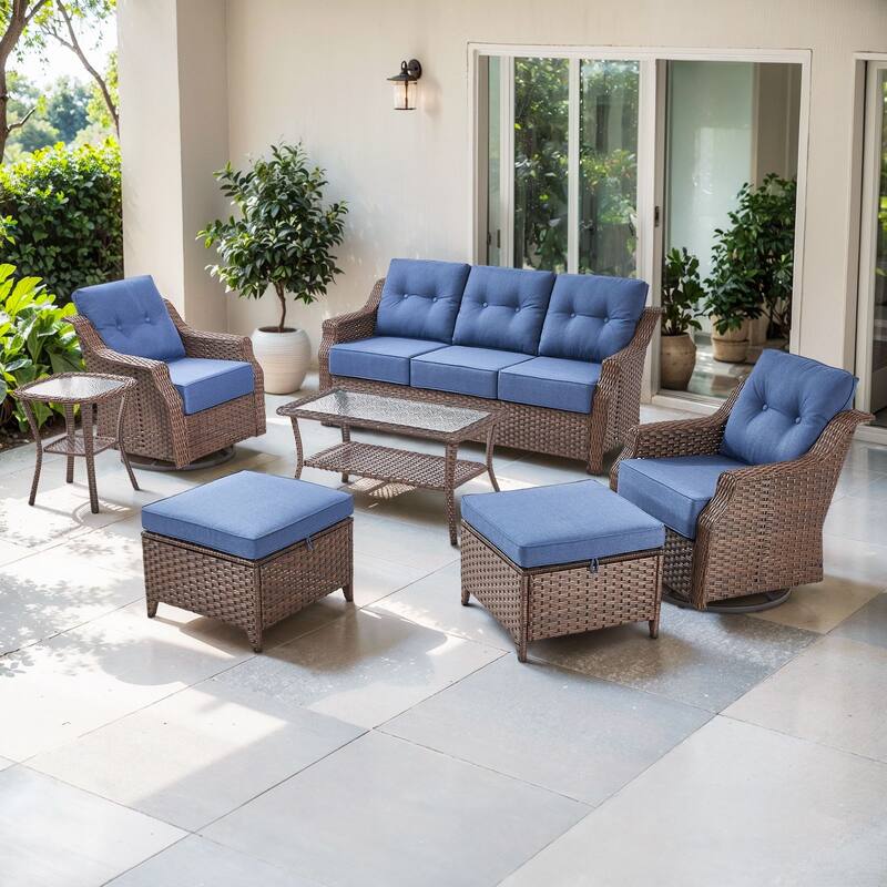 Artisan Patio Brown Wicker Sofa Conversation Set with 6-Inch Thick Cushions - Navy Blue - 7-Piece