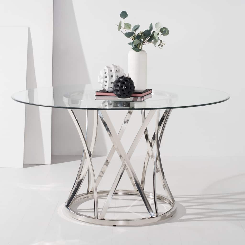 SAFAVIEH Couture High Line Collection Kyrie Chrome Stainless Steel Glass Top Dining Table - 54"W x 54"D x 29"H