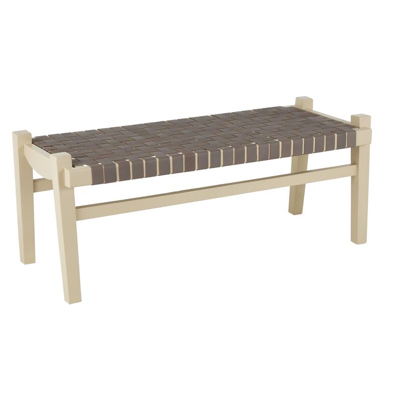 Leather Handmade Woven Seat Home Bench with Beige Wood Base - Brown or Dark Brown - Roche River Decor