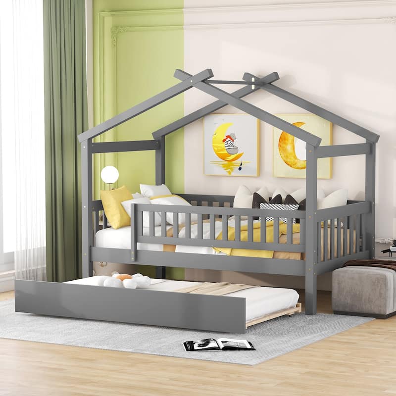 Twin Size House-Shaped Wooden Bed with Trundle, Gray - Gray