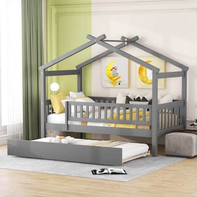 Wooden Twin/Full House Bed with Trundle and Headboard, Sky Roof Design, Durable Pine Wood