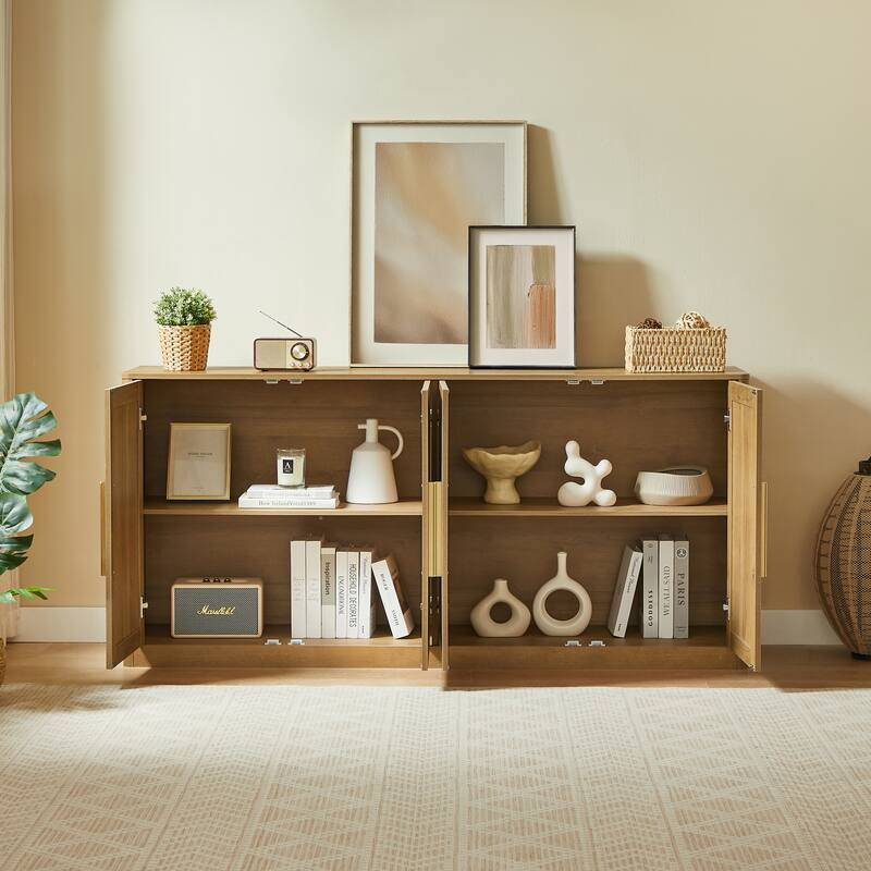 67"Rattan 4-Door Buffet Cabinet, Large Credenza Sideboard Buffet for Living Room, Hallway and Kitchen, 67"W x 15.75"D x 31.5"H