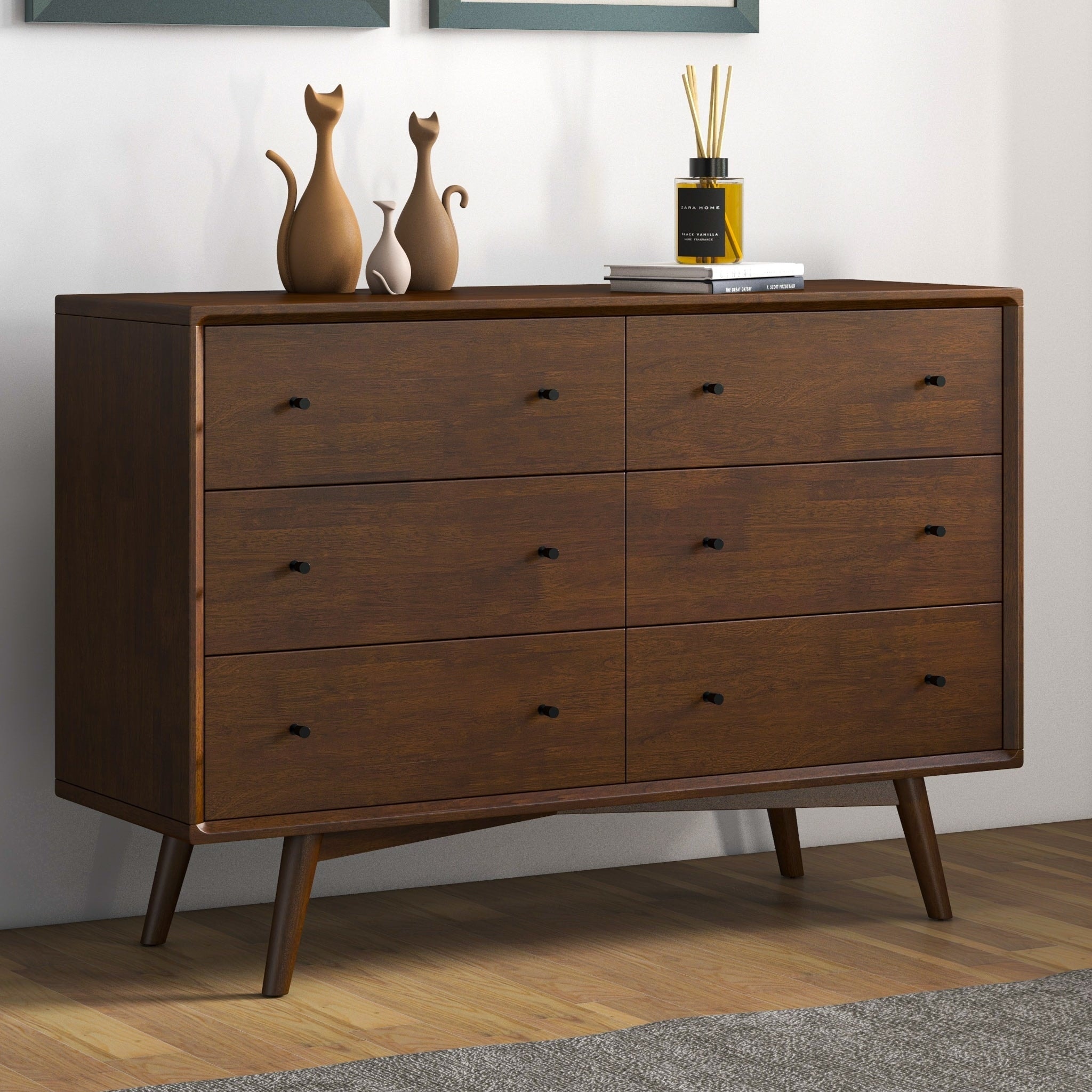 GDFStudio - Caroline Mid-Century Modern 6-Drawer Dresser with Tapered Solid Wood Legs