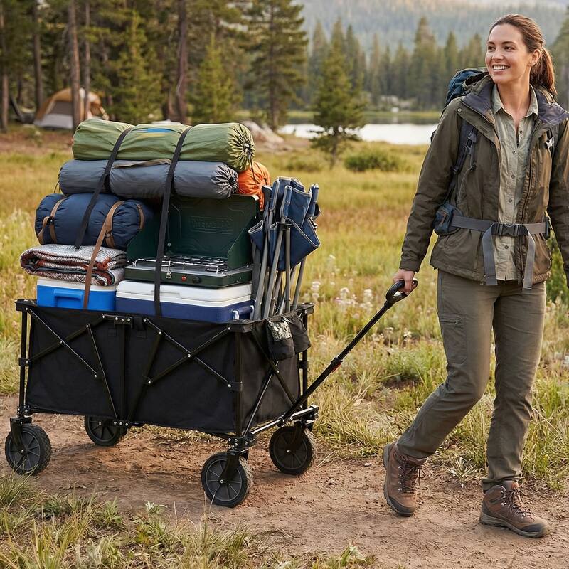 Gymax 38'' Collapsible Wagon Cart w/All-Terrain Wheels 2 Cup Holders