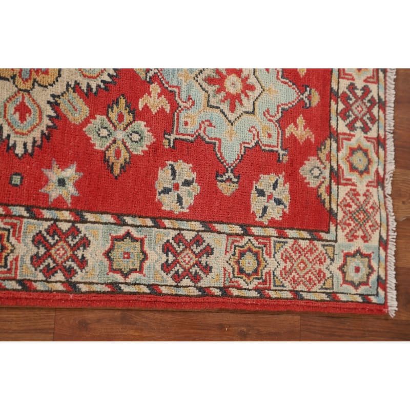 Geometric Red Kazak Runner Rug Handmade Wool Carpet - 2'2" x 5'11"