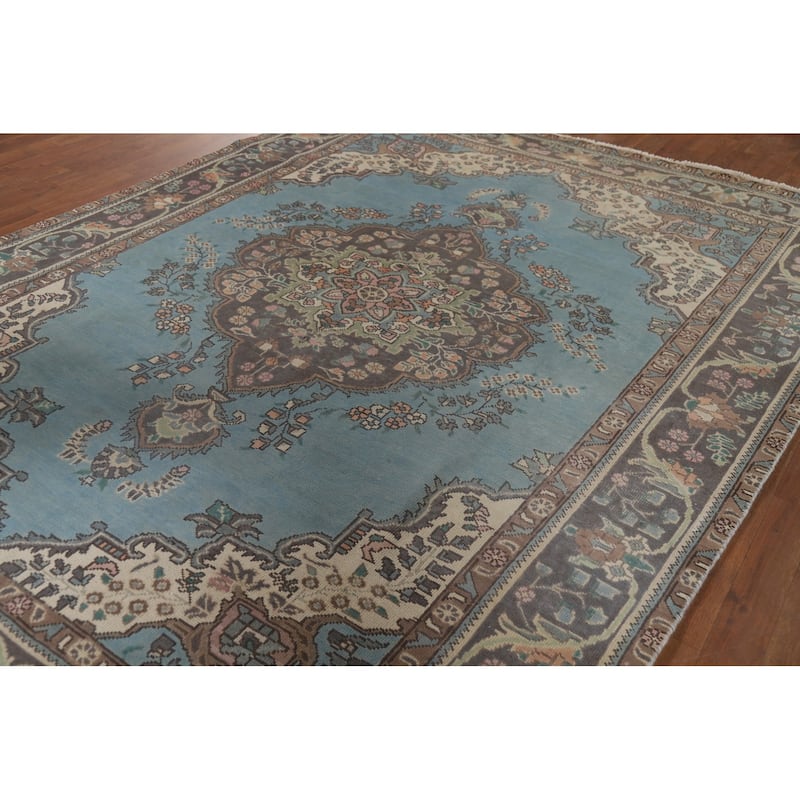 Light Blue Tabriz Vintage Persian Area Rug Handmade Wool Carpet - 6'7" x 9'3"