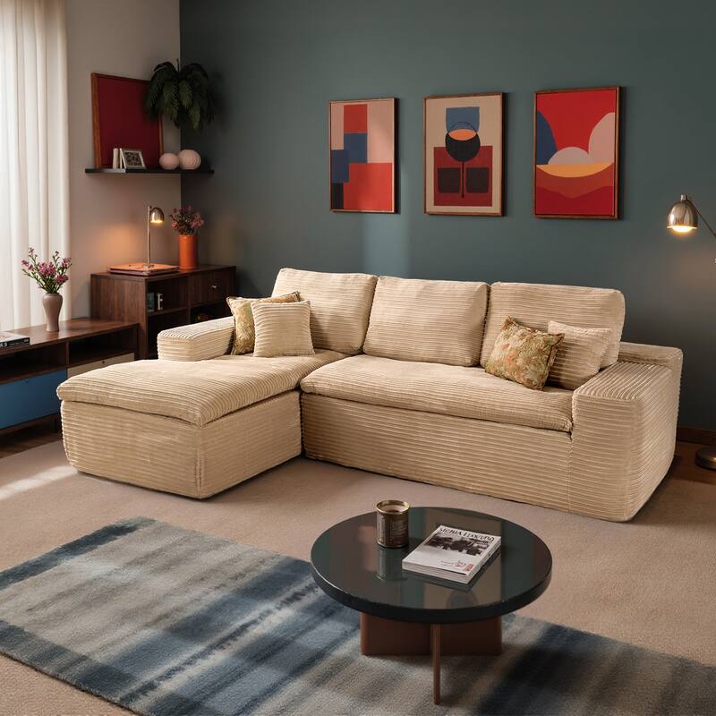 HOOOWOOO Modern Upholstered Fabric Sectional Sofa with Chaise - Corduroy-Beige