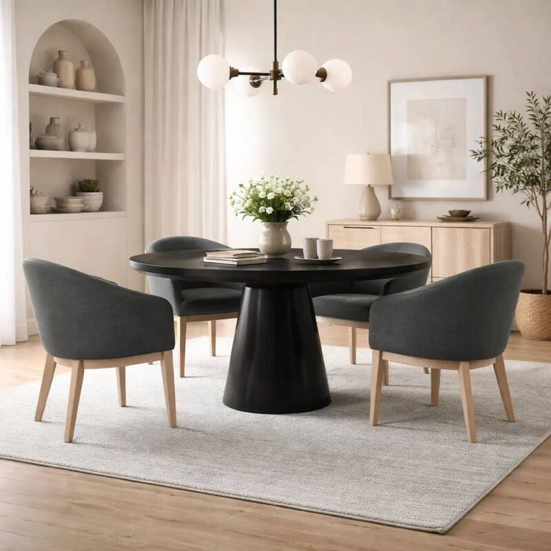5 Piece Round Dining Table Set, Padded Curved Armchairs, Gray and Beige