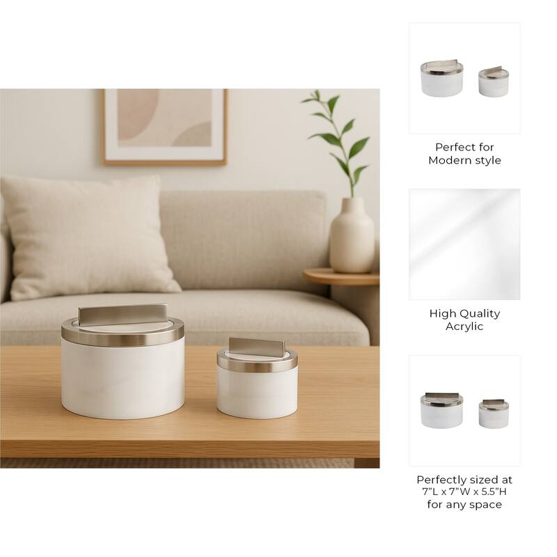 Elegant Round Decorative Box with Metal Lid - Set of 2, 7", 5", White - 7.0"