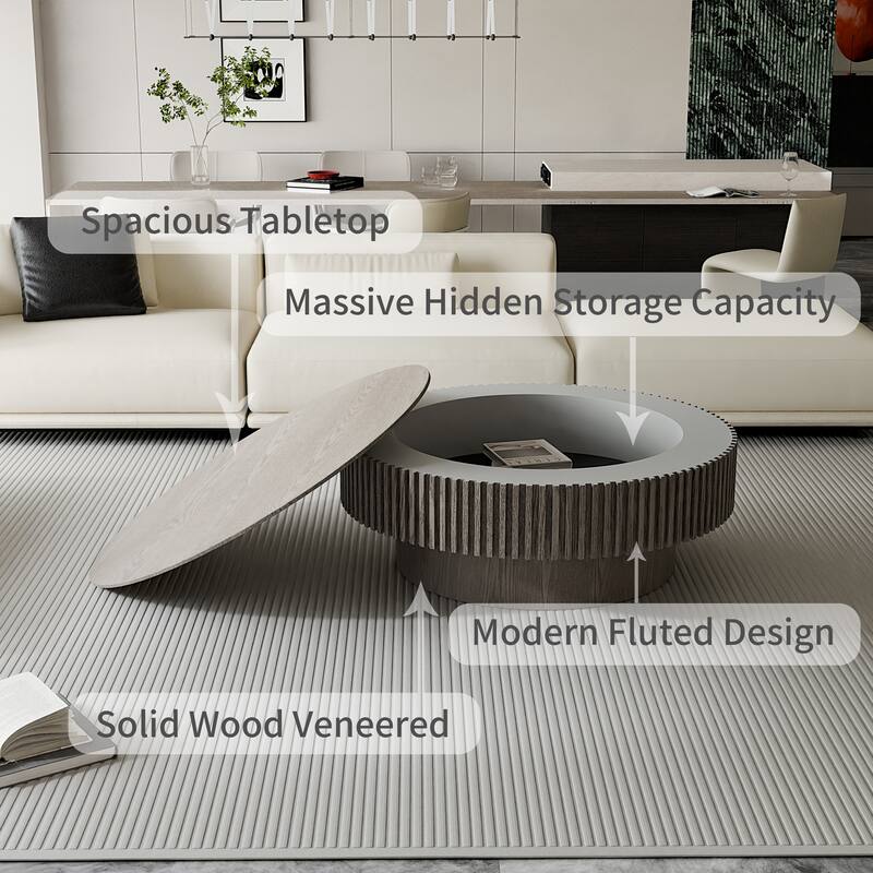 39.37" Round Coffee Table with Storage Solid Wood Veneered Modern Accent Table for Living Room or Bedroom