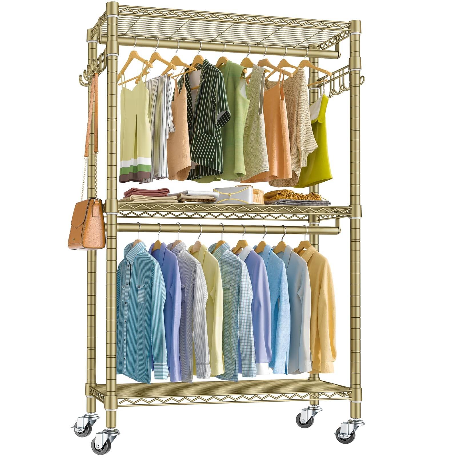 Rolling Clothes Rack for Hanging Clothes Garment Rack 3 Tiers Clothing
