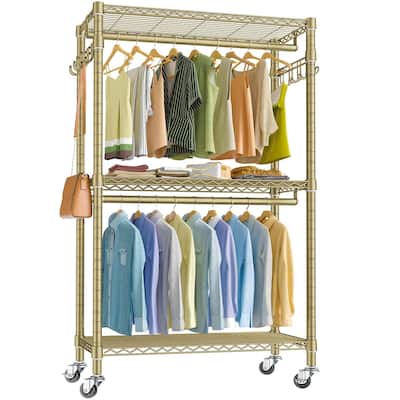 Rolling Clothes Rack for Hanging Clothes Garment Rack 3 Tiers Clothing Rack with Double Hanging Rods, Closet Organizers