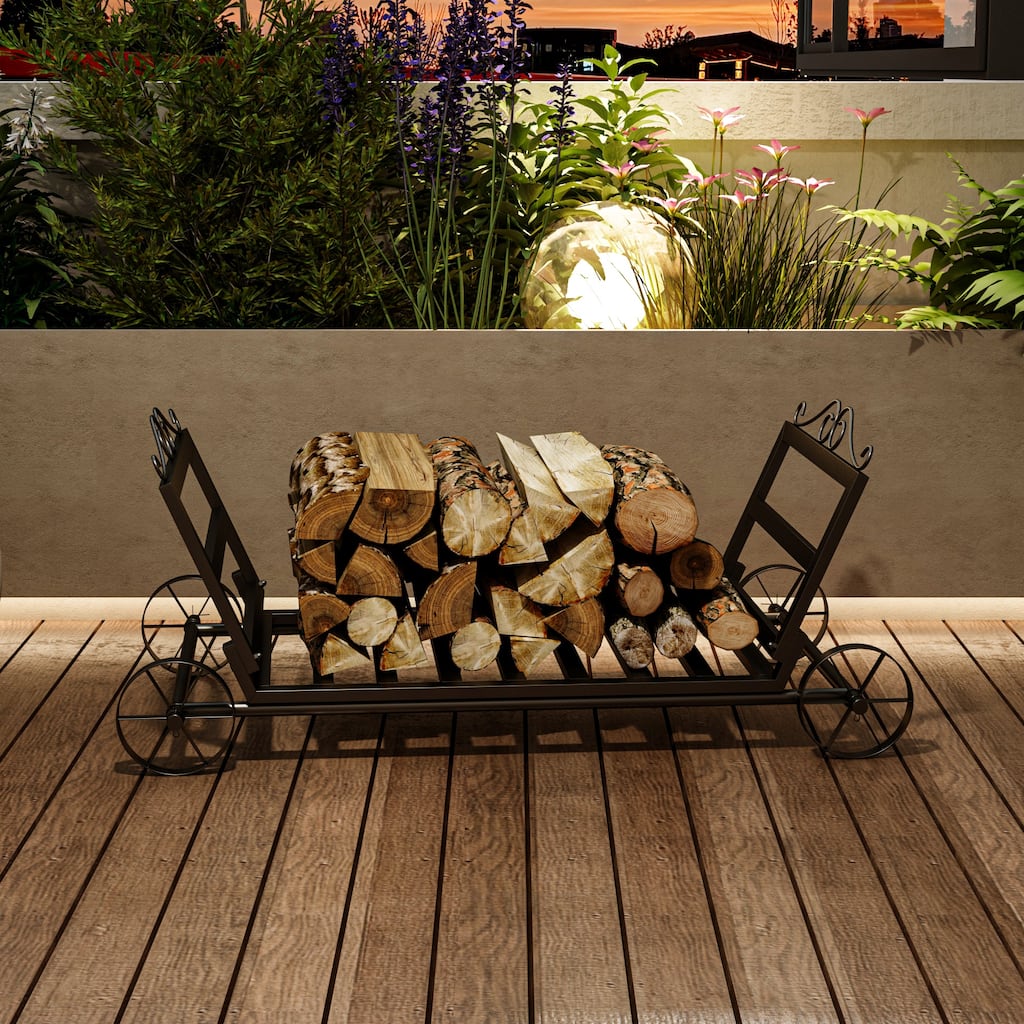 Heavy-Duty Metal Firewood Rack with Wheels, Indoor Outdoor Log Holder Cart, Decorative Wood Storage Stand for Fireplace & Patio