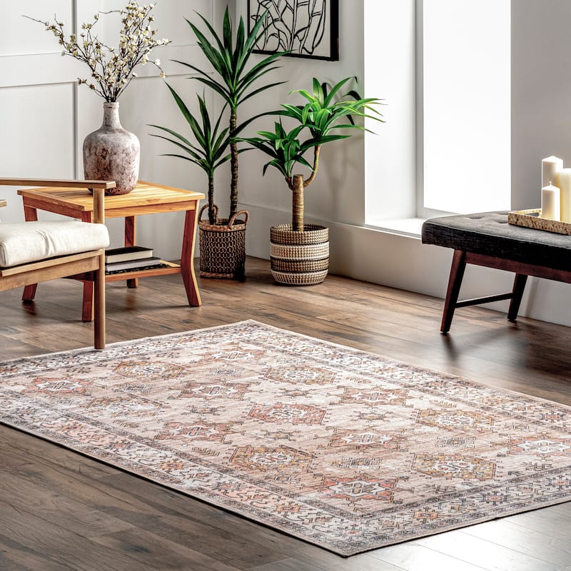 Nuloom Finley SpinClean Machine Washable Vintage Distressed Area Rug - 4' x 6' - Beige - Rectangle