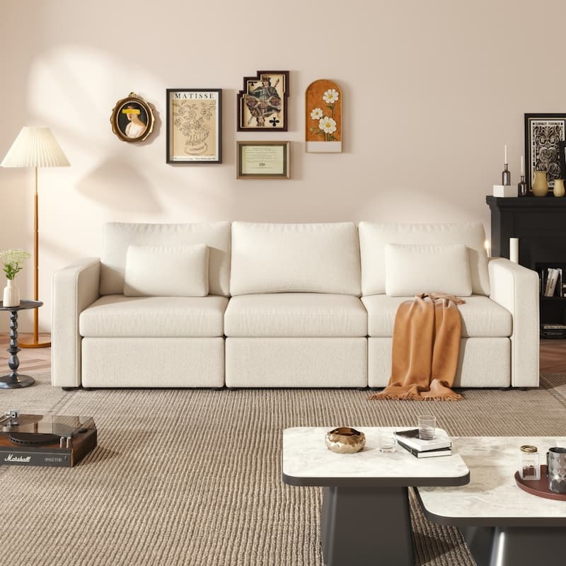 Modern Cotton Linen L-Shape Sectional Sofa, Oversized Upholstery Sectional Sofa, Chaise Couch with Storage Ottomans for Living R