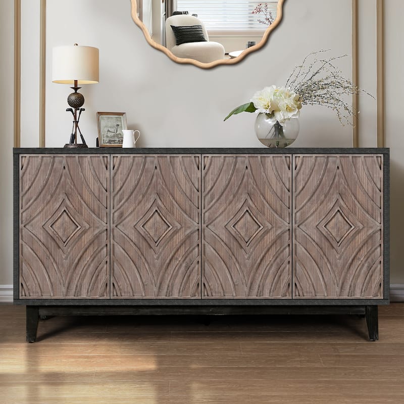 Mid Century Sideboard Buffet Cabinet with Solid Wood Legs 60" Kitchen Storage Cabinet Credenza with 4 Doors and 2 Shelves