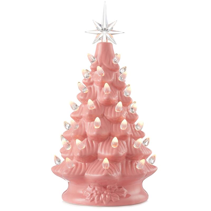 12in Hand Painted Ceramic Christmas Tree PreLit Tree with Star - Pink