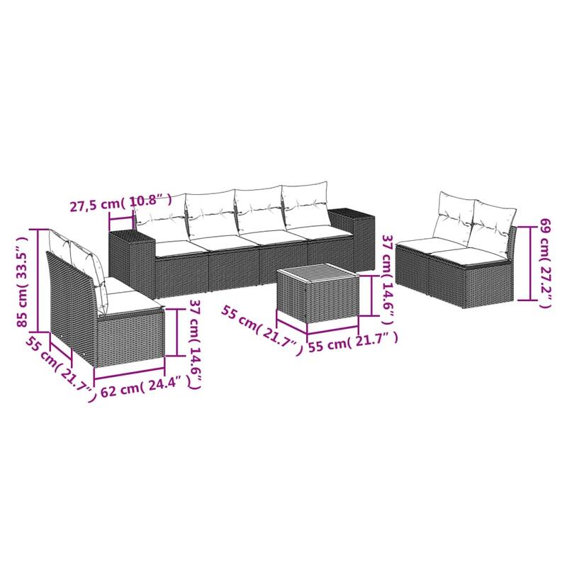 vidaXL 9 Piece Patio Sofa Set with Cushions Black Poly Rattan - 21.7 x 24.4 x 27.2