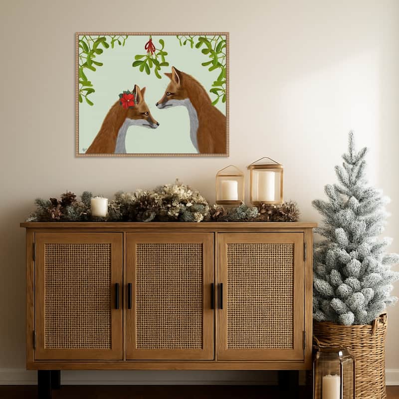 Foxes and Mistletoe by Fab Funky (28 x 23 in.), Framed Canvas Wall Art Print - Sylvie Beaded Rustic Natural
